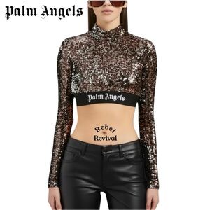 PALM ANGELS LEOPARD PRINT SEQUIN LONG SLEEVE CROP TOP